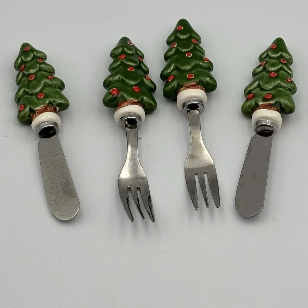 Vintage Knobbler Stainless Japan Christmas Motif Cocktail Appetizer Forks 4pcs‎